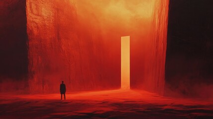 Canvas Print - A Solitary Figure Standing Before a Glowing Gateway in a Crimson Landscape