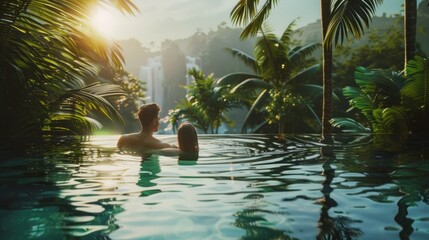 Wall Mural - Young couple playing around in luxury resort infinity pool during a vacation, surrounded by