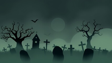 Sticker - Spooky graveyard with a church and a bat flying overhead.