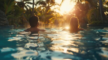 Wall Mural - Young couple playing around in luxury resort infinity pool during a vacation, surrounded by