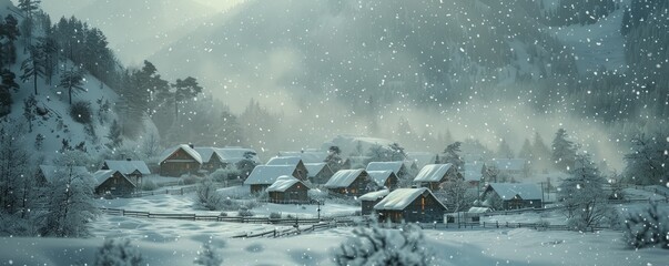 Wall Mural - Blizzard covering village in snow, 4K hyperrealistic photo