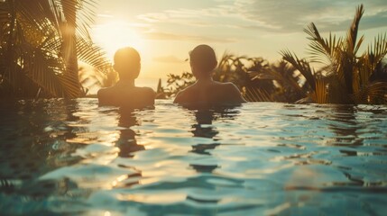 Wall Mural - Young couple playing around in luxury resort infinity pool during a vacation, surrounded by