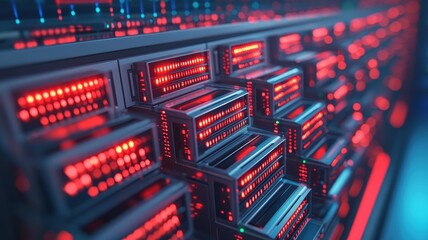 Close-up of a modern data server array with vibrant red lights, showcasing advanced technology and digital innovation.