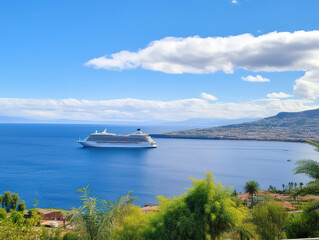 Shoreline landscape with cruise ship on the horizon Atlantic Ocean during sunny weather with blue