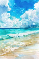 Vivid Tropical Shoreline and Turquoise Ocean. Hand-Painted Watercolor Seascape for Summer Beach Vacation