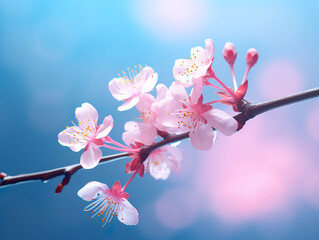 Wall Mural - Spring Cherry blossom flowers branch in pink and blue backlit. Flowering tree over pastel pink