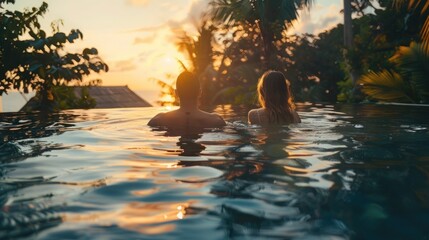 Wall Mural - Young couple playing around in luxury resort infinity pool during a vacation, surrounded by