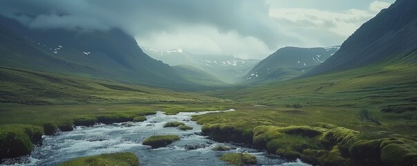 Wall Mural - Serene valley with a flowing stream and mountains, 4K hyperrealistic photo,