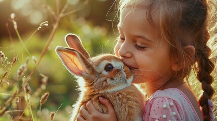 Wall Mural - Young girl after biting into the ears of a bunny