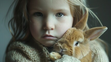 Wall Mural - Young girl after biting into the ears of a bunny