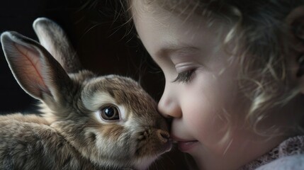 Wall Mural - Young girl after biting into the ears of a bunny