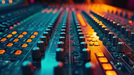 A detailed close up view of a sound mixer featuring many knobs and buttons