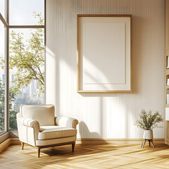 Wall Mural - Beige home living room interior with armchair, panoramic window. Mockup frame