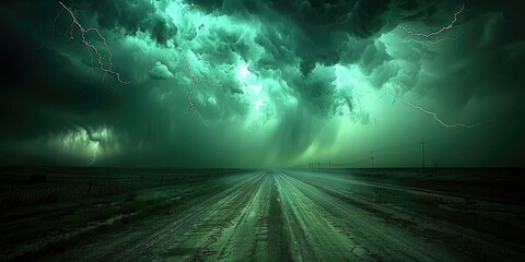 Dramatic green storm clouds gather over an empty highway during an intense thunderstorm at dusk