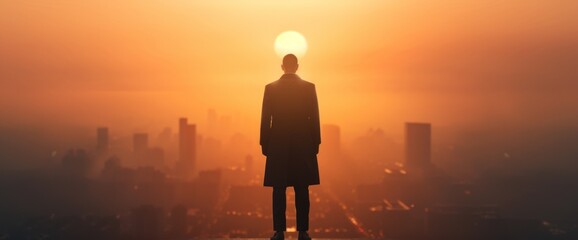 A man stands in the city at sunset, looking out over the skyline