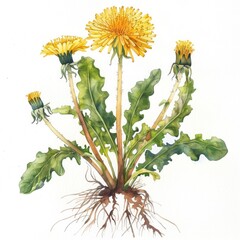 Poster - Watercolor Dandelion Plant with Yellow Blossom and Healthy Roots, Nature Botanical Illustration