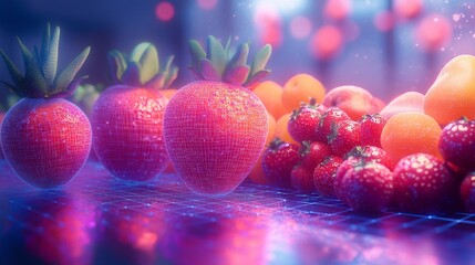 Digital Wireframe Strawberries and Apricots on Neon Background