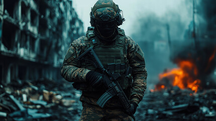 Wall Mural - Soldier standing amid the wreckage of a city, holding a gun, thick smoke rising, debris scattered, powerful and dramatic shot