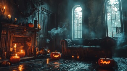 Spooky Halloween Interior with Jack o  Lantern and Fireplace