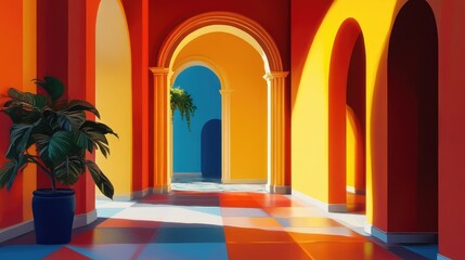 Poster - Colorful Hallway with Arched Entryways and Plant