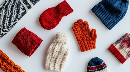 Stylish winter accessories, including gloves and a beanie hat, are laid flat on a white surface. This minimalist setup highlights the cozy and fashionable appeal of the winter gear, making it perfect 