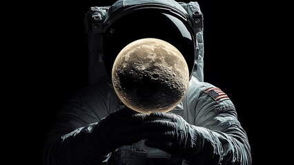 An astronaut in a spacesuit holding the moon.