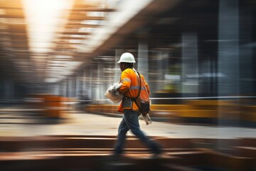 Poster - Construction worker walking photography hardhat helmet.