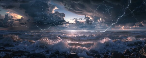 Sticker - Lightning illuminating stormy coastline, 4K hyperrealistic photo