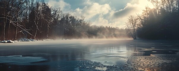 Poster - Winter mist settling over a frozen lake, 4K hyperrealistic photo