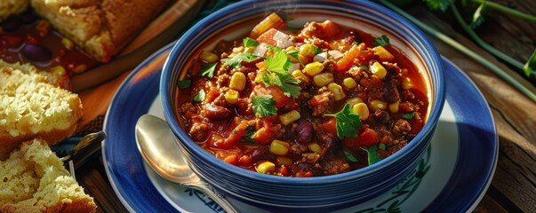 Wall Mural - Vegetarian chili with cornbread, 4K hyperrealistic photo