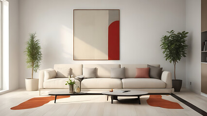 Wall Mural - A modern living room features sleek lines, chic furnishings, minimal decor, and bright, elegant accents.