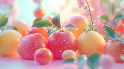 Wall Mural - Dewy Red and Yellow Fruits with Green Leaves on Pink Background