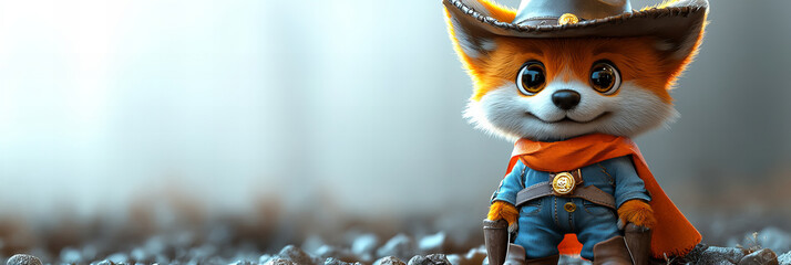 Adorable Fox Dressed as Cowboy in Rustic Old West Setting with Warm Colors, Rough Terrain, and Cheerful Mood