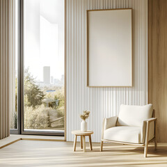 Sticker - Beige home living room interior with armchair, panoramic window. Mockup frame