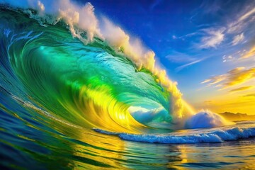 a vibrant panoramic painting depicting a dynamic yellow and green wave crashing against a vivid blue