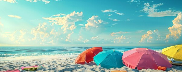 Poster - Vibrant beach scene with colorful umbrellas and towels, 4K hyperrealistic photo