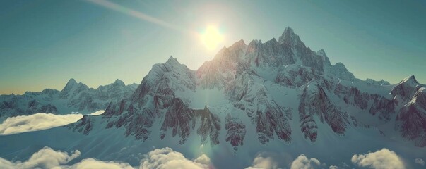 Poster - Majestic mountain range under a bright morning sun, 4K hyperrealistic photo,