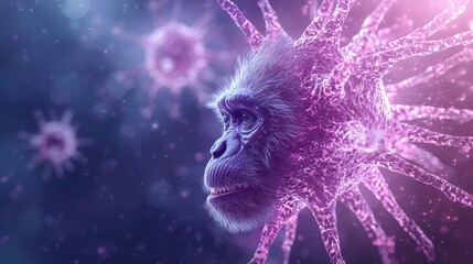 Monkey face merging with purple virus particle symbolizing the connection between viral infections and animals like monkeypox or mpox