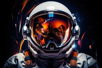 Wall Mural - closeup colorful portrait man in space suit with helmet on black background
