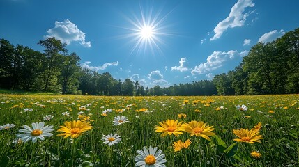 Wall Mural - Bright Sunny Meadow with Vibrant Wildflowers on a Scenic Landscape