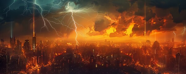 Wall Mural - Lightning bolts dancing above a cityscape, 4K hyperrealistic photo