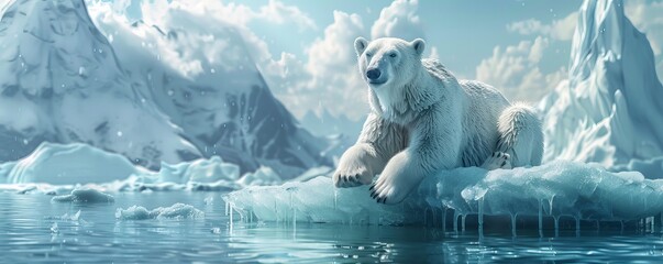 Poster - Polar bear perched on floating iceberg, 4K hyperrealistic photo