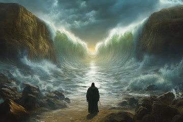 Moses stands before the parted Red Sea, revealing a miraculous path through the water.