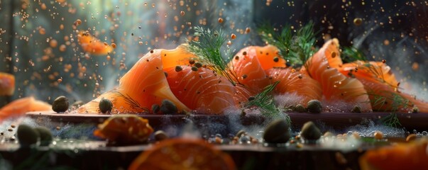 Smoked salmon with dill and capers, 4K hyperrealistic photo