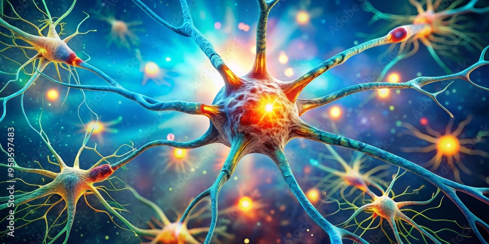 Colorful illustration of a single neuron with glowing synapses and ...