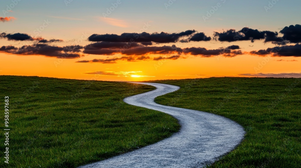 Bright sunrise illuminating a winding road, symbolizing the start of a ...