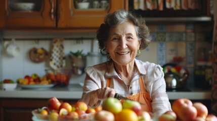 Portrait, fruit salad and apple with a senior woman in the kitchen of her home for health, diet or nutrition. Smile, food and cooking with a happy mature female pension eating healthy in the house.