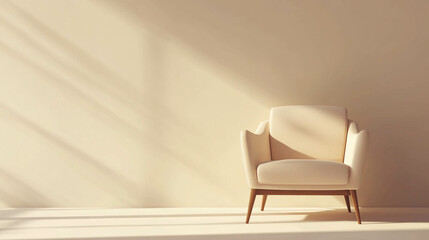 Comfortable and modern light beige armchair on a light beige wall