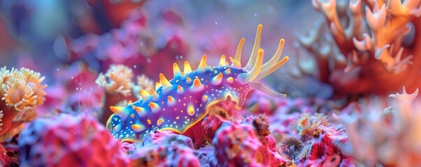 Wall Mural - Nudibranch crawling on colorful sea sponge, 4K hyperrealistic photo