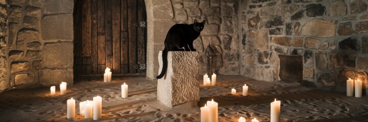 Mysterious Cat Surrounded by Candles in Stone Room